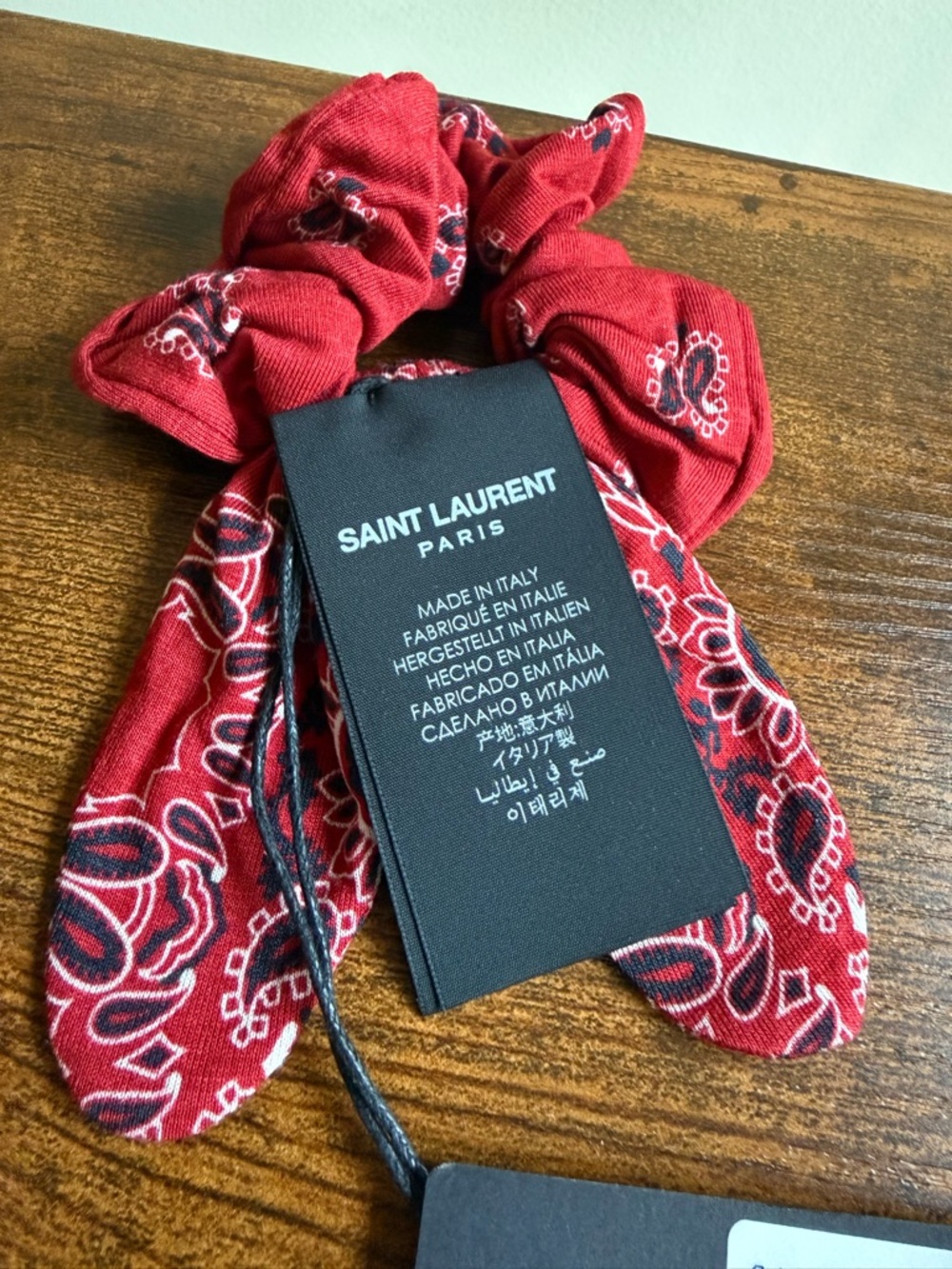 Saint Laurent Red Bandana-Print Scrunchie with Bow Tie Accent - Picture 5 of 7